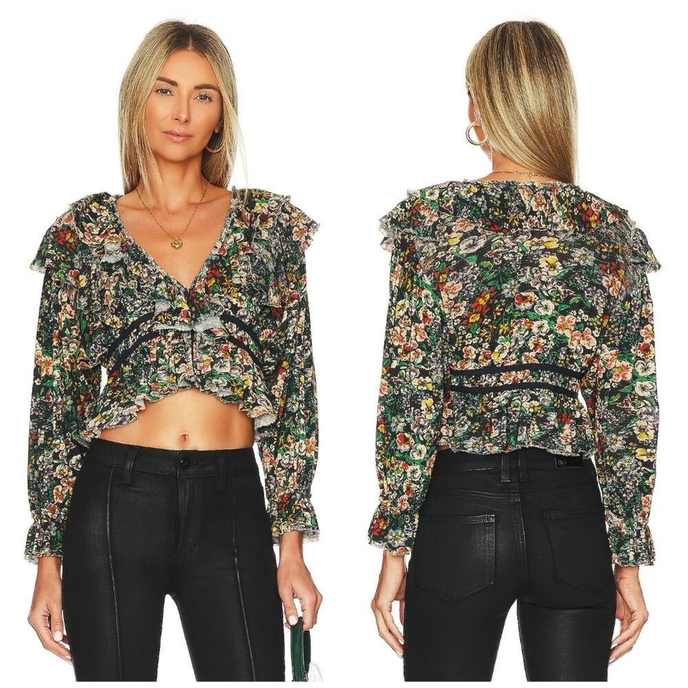 Free People Night Garden Combo Rudi Ruffle Long Sleeve Crop Top